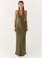 Heavy Hearted Satin Maxi Dress Khaki