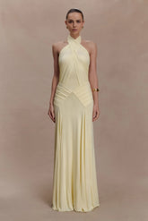 Indira Gathered Slinky Halter Maxi Dress Lemon