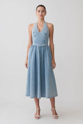 Miller Denim Halter Midi Dress Classic Blue