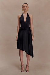 Zelda Asymmetric Slinky Midi Dress Black