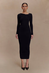 Culver Draped Twist Knit Midi Dress Black
