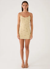 Levanna Beaded Sequin Mini Dress Pale Olive