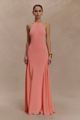 Soleil Knit And Mesh Halter Maxi Dress Coral
