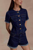 Marge Fitted Denim Short Sleeve Top Indigo Blue
