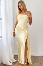 Novie Yellow Tie Detail Satin Strapless Maxi Dress PRE ORDER