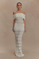 Solstice Off Shoulder Crochet Knit Maxi Dress Ivory