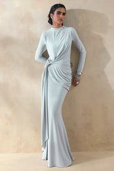 Kyrissa Blue High Neck Maxi Dress With Gathered Detailing