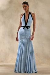 Cosmina Powder Blue Plunge Neck Maxi Dress With Bow Detail