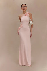 Paloma One Shoulder Knit Maxi Dress With Flowers Baby Pink