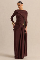 Orintha Brown Slashed Neck Maxi Dress With Cape And Gold Detail