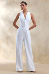 Brillora White Plunge Neck Tailored Jumpsuit