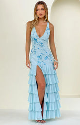 Eleanor Blue Sequin Ruffle Hem Maxi Dress