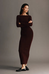 Cleona Merino Wool Ribbed Long Sleeve Maxi Dress Deep Chocolate