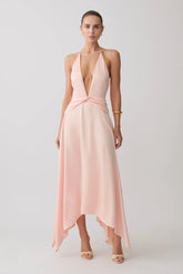 Cyra Plunge Satin Midi Dress Peach