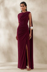 Palomara Burgundy Round Neck Maxi Dress With Sash And Front High Split