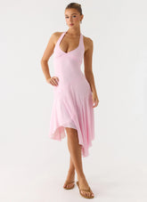 Faelie Halter Neck Asymmetrical Midi Dress Pink