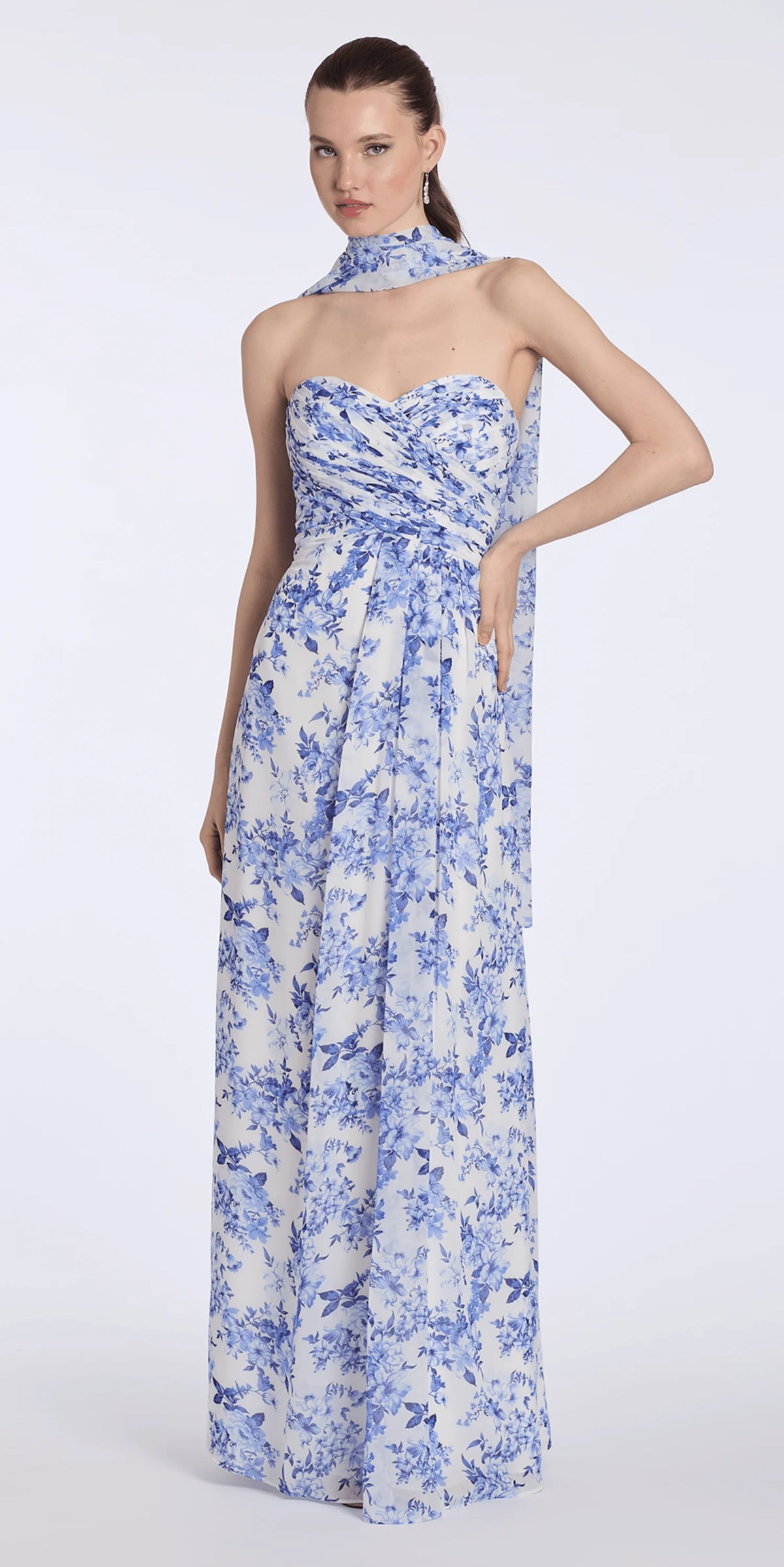 Floral Print Strapless Chiffon Pleated Column Dress with Scarf