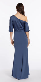 Satin Drape One Shoulder Short Sleeve Crepe Trumpet Dress