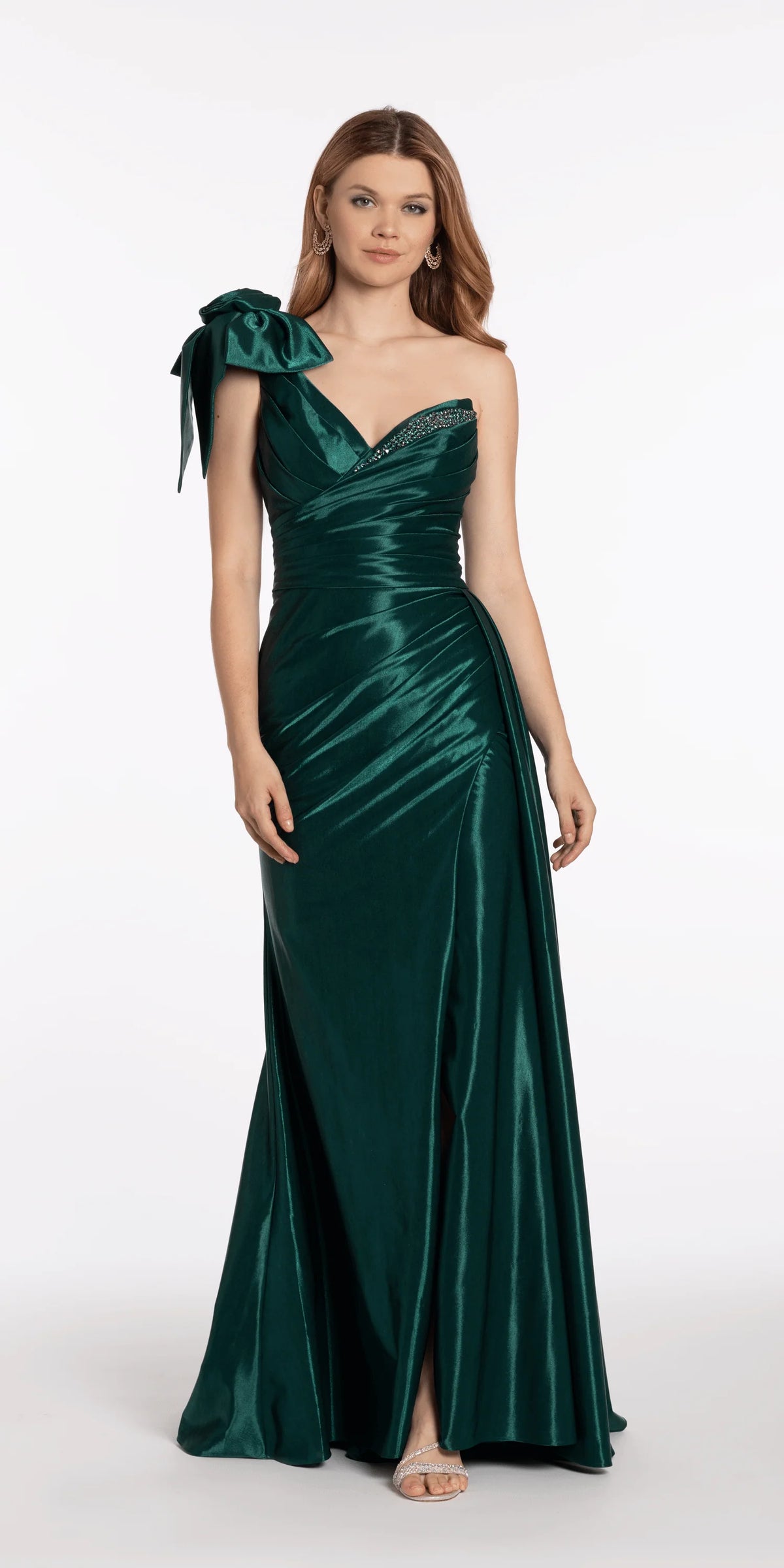 Metallic One Shoulder Pleated Lace Up Back Trumpet Dress with Side Cascade
