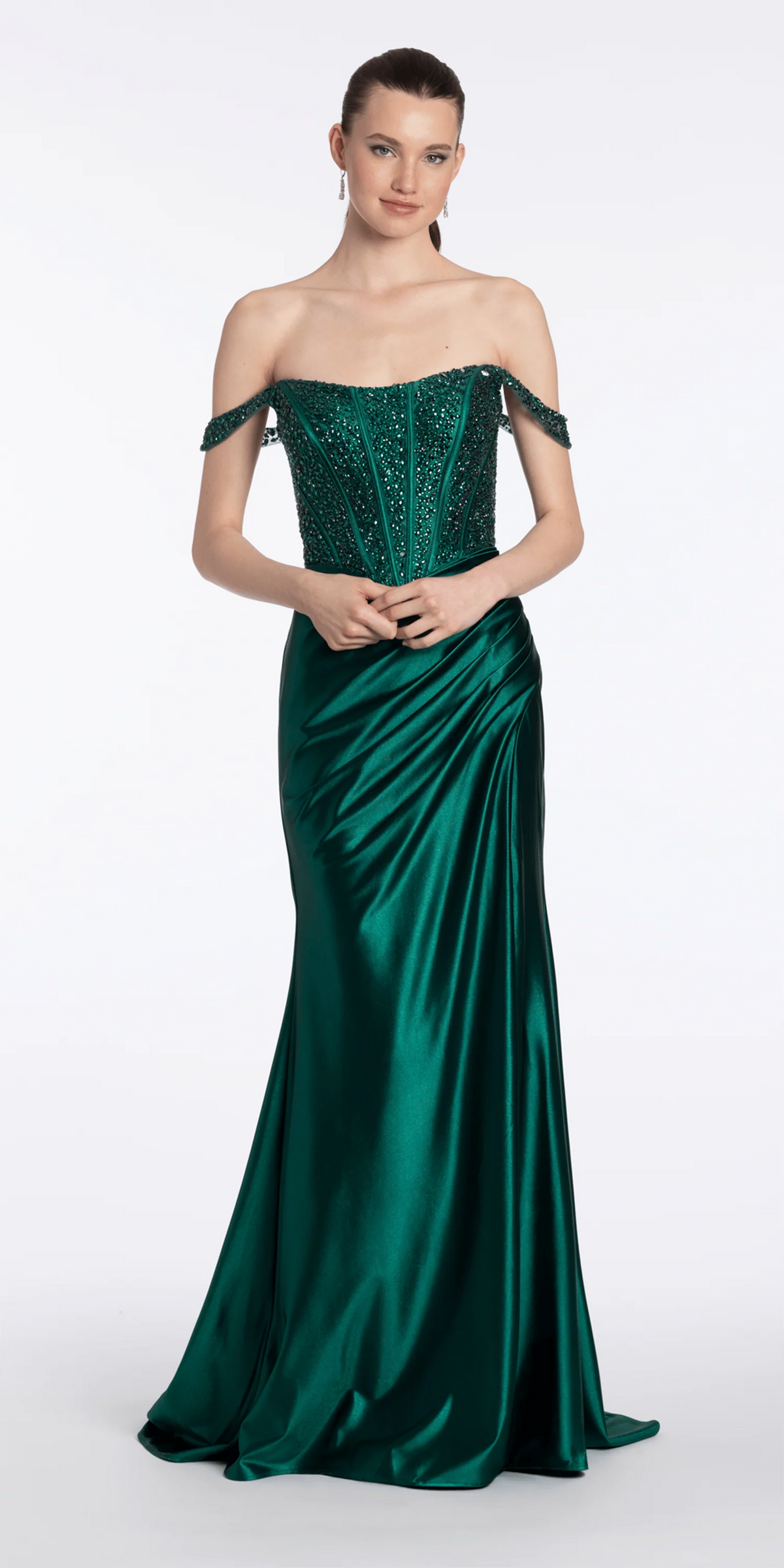 Embellished Off the Shoulder Sateen Corset Dress with Ruching