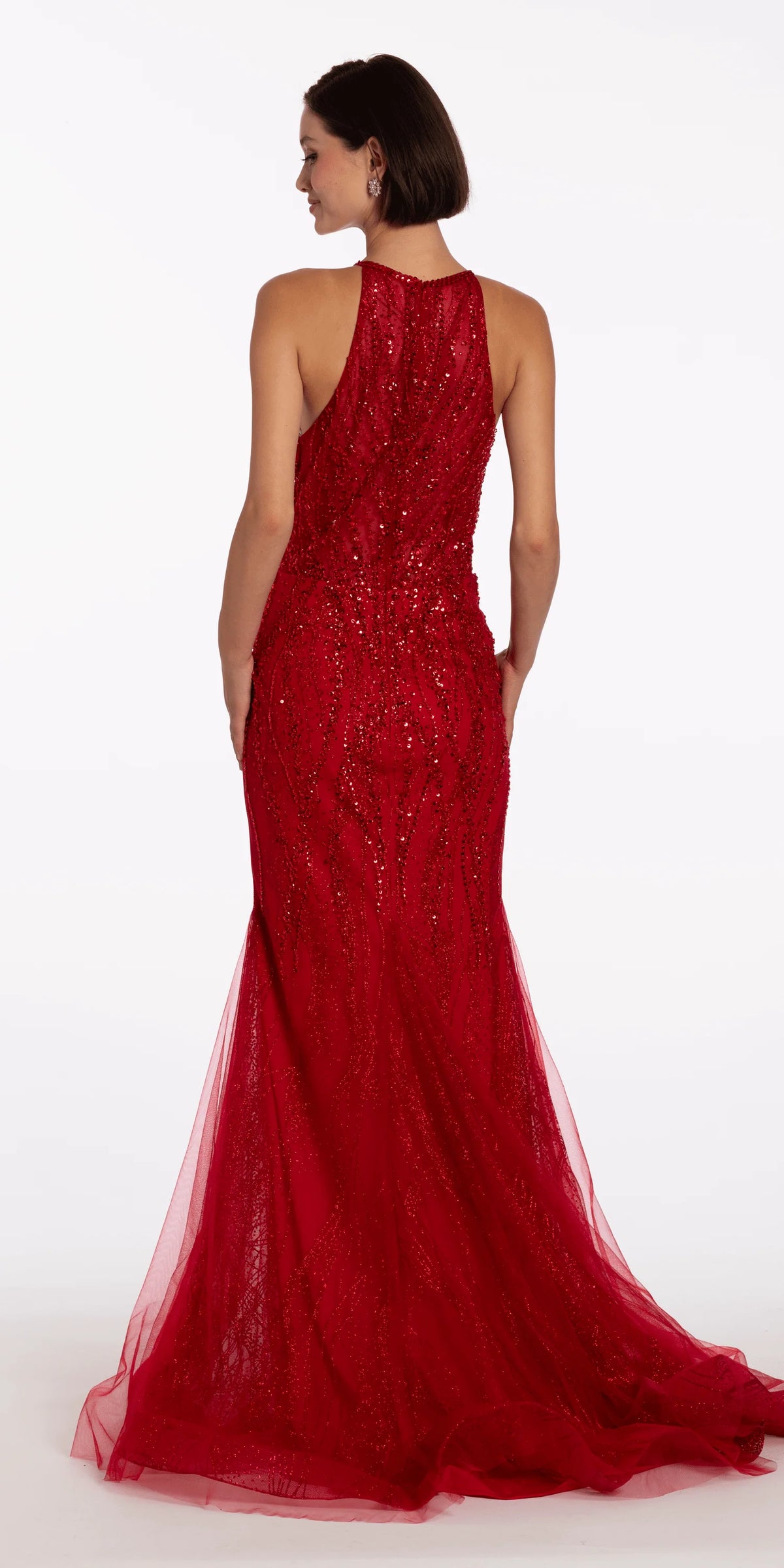 Beaded Mesh Keyhole Halter Trumpet Dress with Godets
