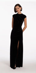 Stone Encrusted Velvet Mock Neck Cap Sleeve Column Dress