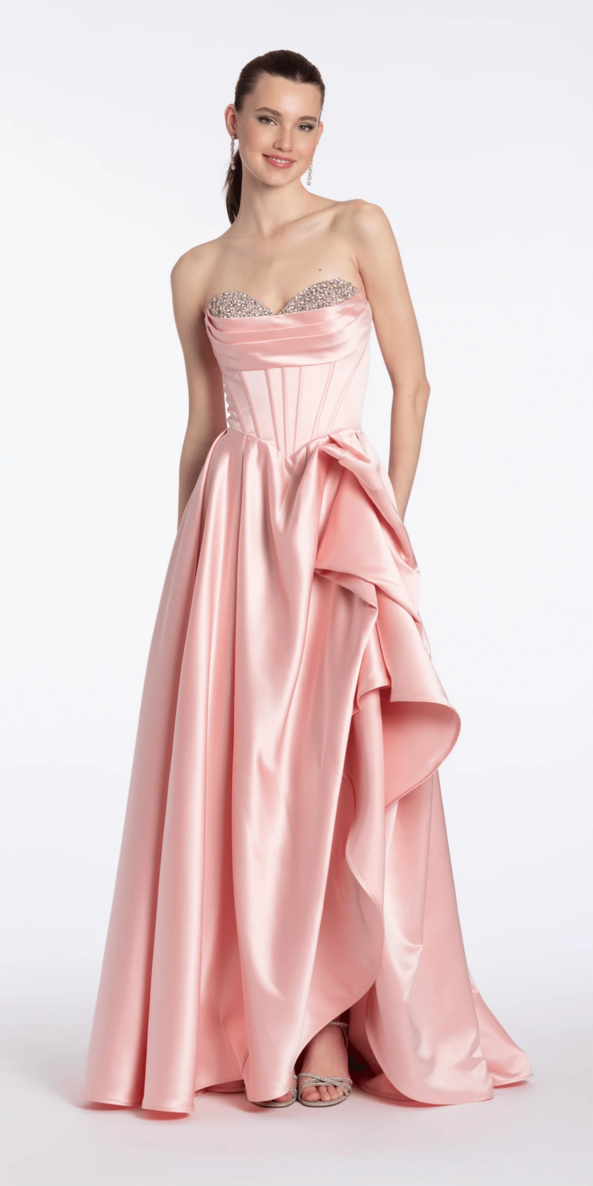 Strapless Satin Rhinestone Corset Dress with Convertible Side Drape