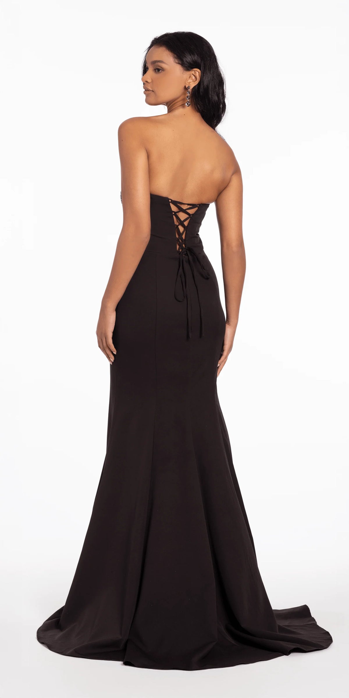 Lace Up Back Strapless Scuba Trumpet Dress with Rhinestone Detail