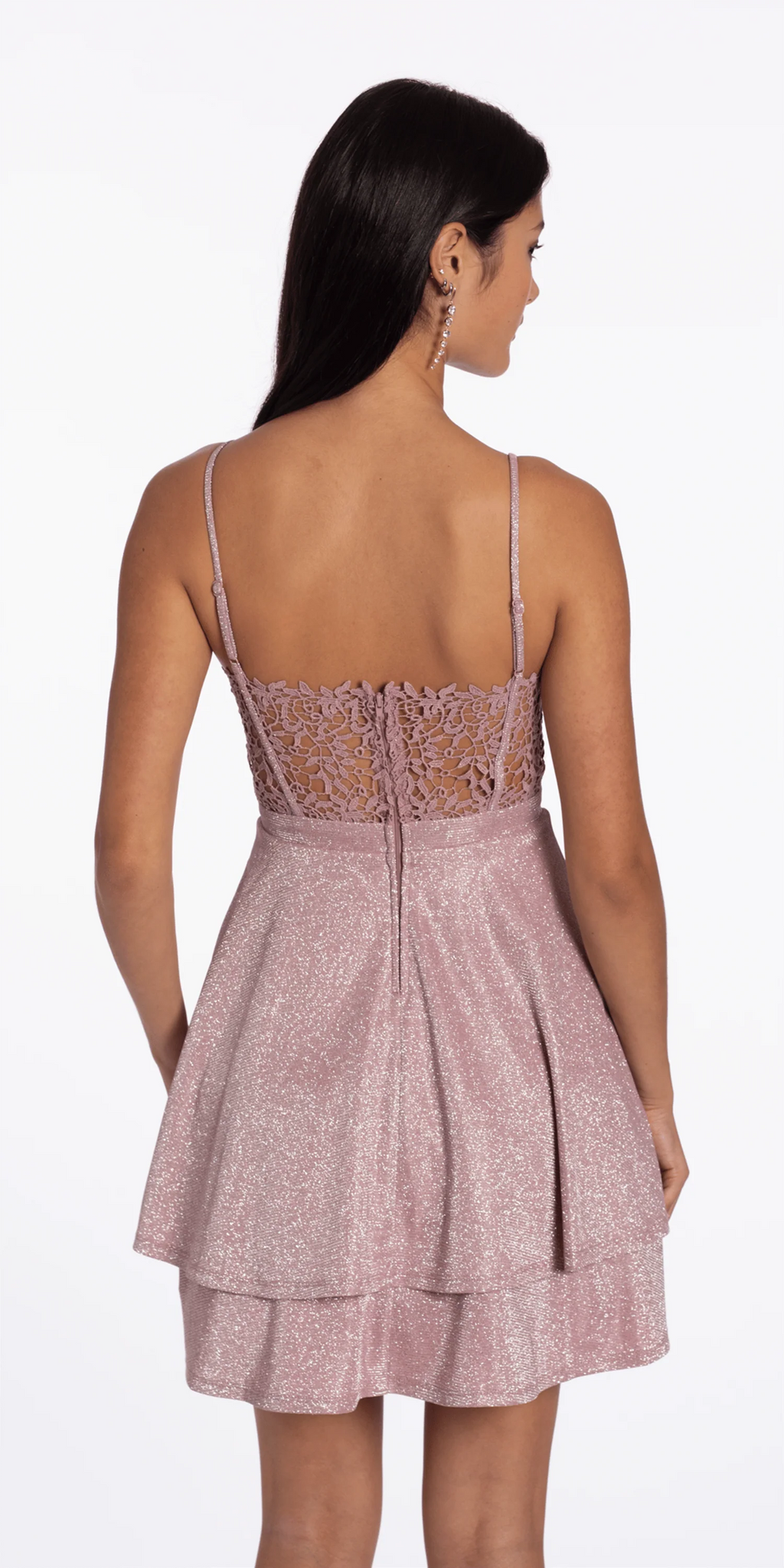 Open Embroidered Back Glitter Knit Tiered Fit and Flare Dress