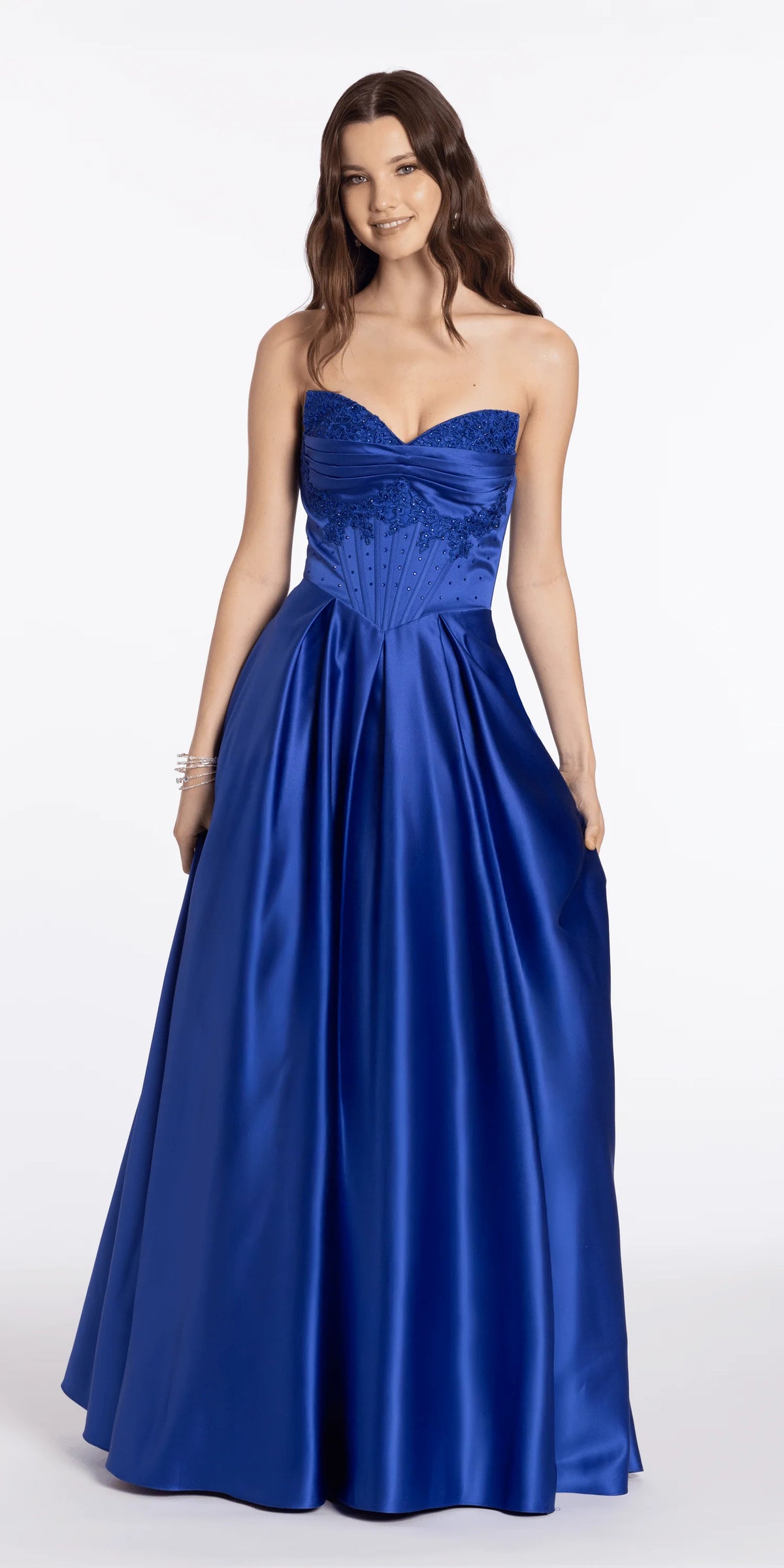 Satin Beaded Strapless Embroidered Corset Ballgown with Pockets