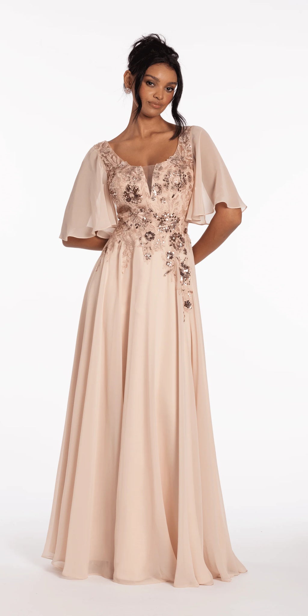 Scoop Neck Chiffon Flutter Sleeve Embroidered A line Dress