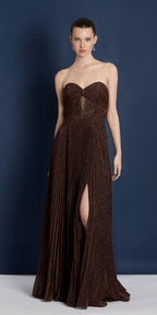 Metallic Knit Strapless Pleated A Line Dress with Side Slit