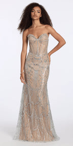 Strapless Rhinestone Illusion Glitter Mesh Corset Column Dress