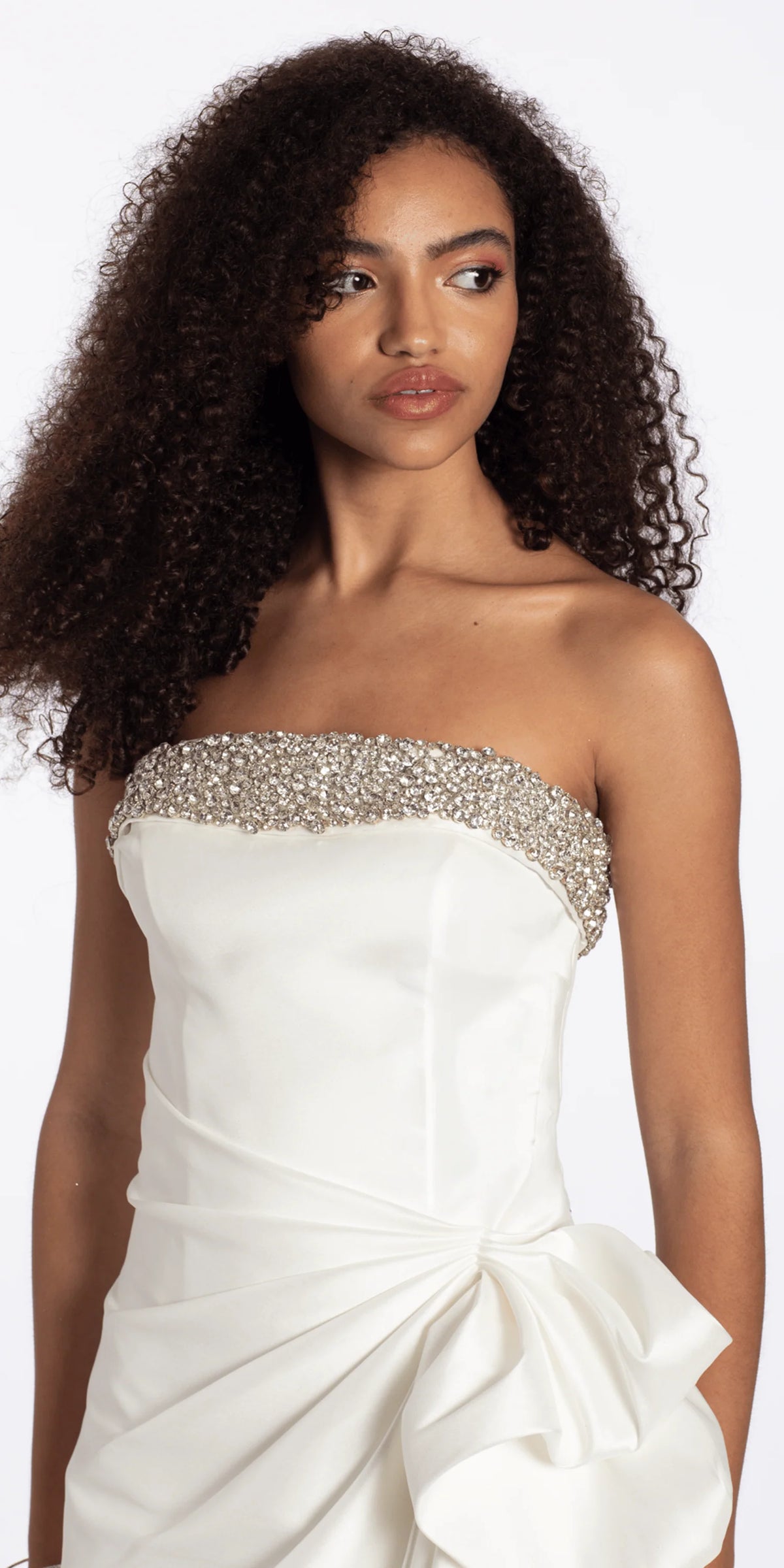 Embellished Strapless Mikado Midi Dress with Ruching