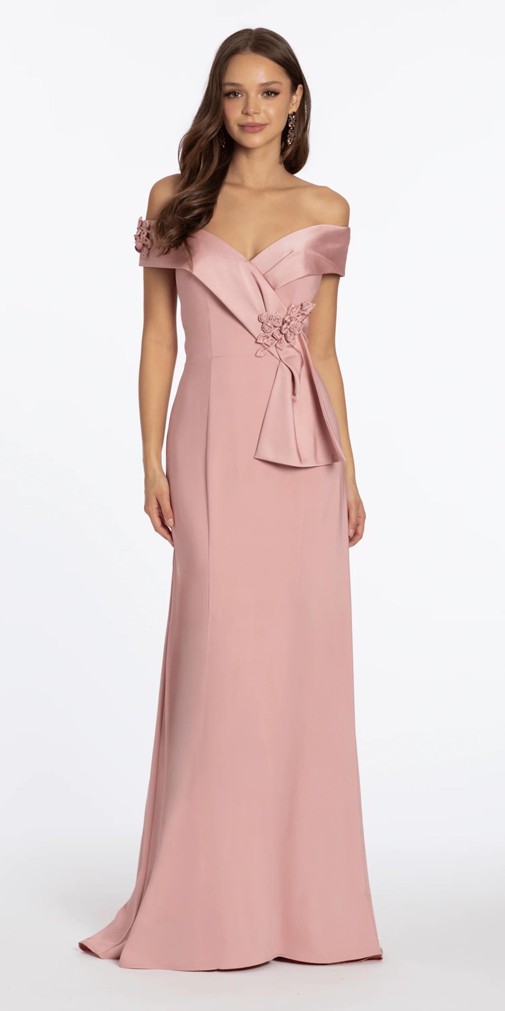 Crepe Off the Shoulder Trumpet Dress with Rosettes