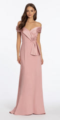 Crepe Off the Shoulder Trumpet Dress with Rosettes