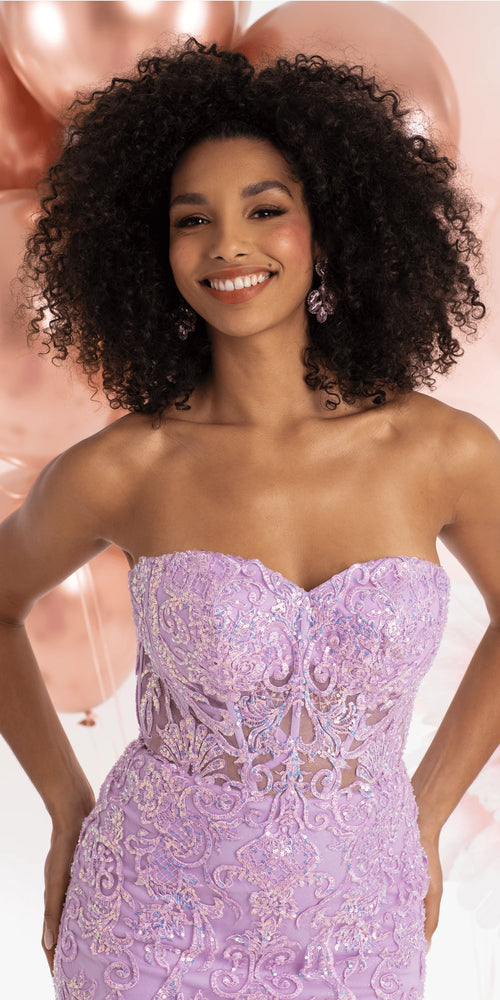 Embroidered Strapless Glitter Mesh Corset Mermaid Dress with Tendrils