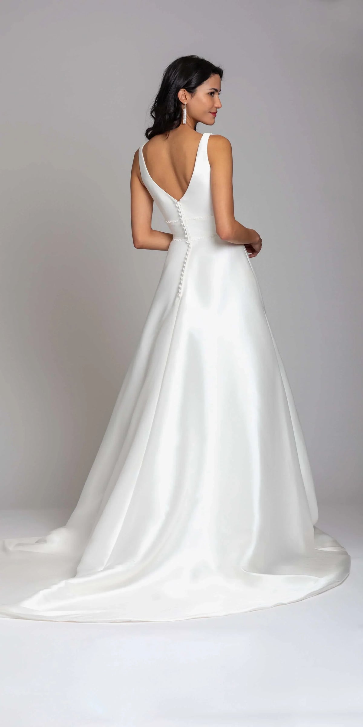 Mikado Plunging Button Back Ballgown with Cathedral Train