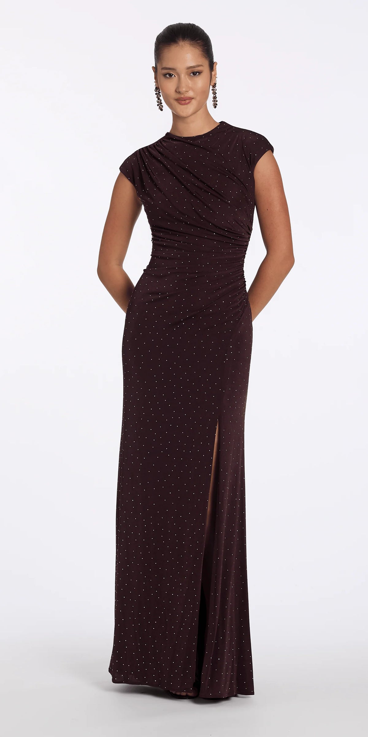 Jersey Jewel Neck Cap Sleeve Column Dress with Studs