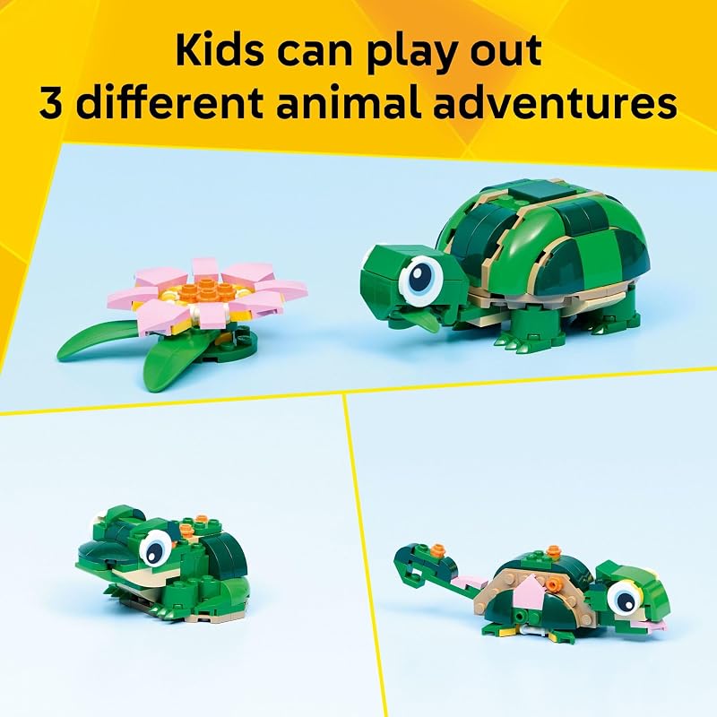 LEGO Creator 3 in 1 Turtle with a Water Lily Flower Building Toy for Girls Boys Kids Build a Chameleon Frog or Turtle Toy Figure Gift Idea for Animal Lovers Ages 7 31377