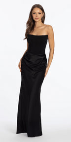 Pointed Strapless Scuba Corset Column Satin Dress