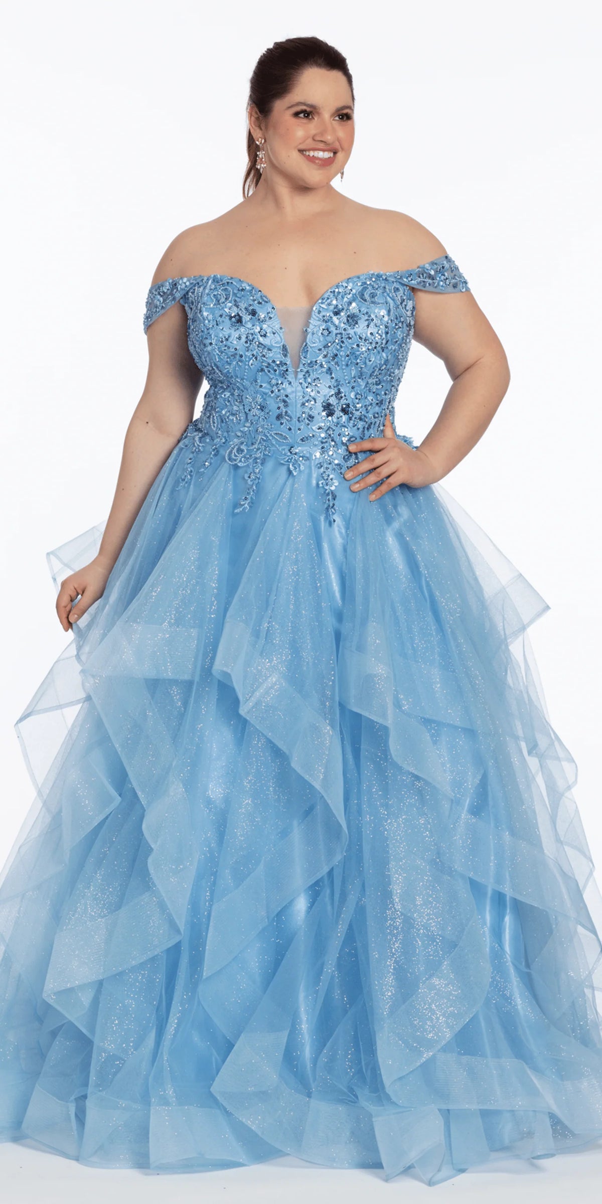 Embroidered Off the Shoulder Beaded Glitter Tulle Tiered Ballgown