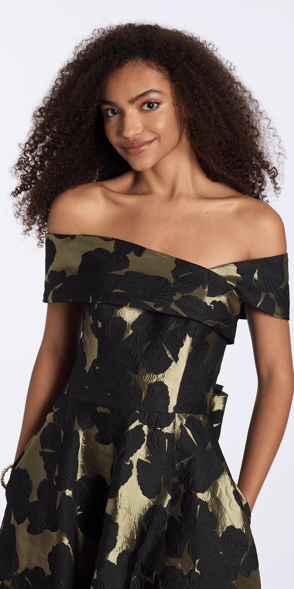Off the Shoulder Floral Jacquard A Line Dress with Bow