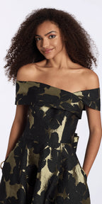 Off the Shoulder Floral Jacquard A Line Dress with Bow