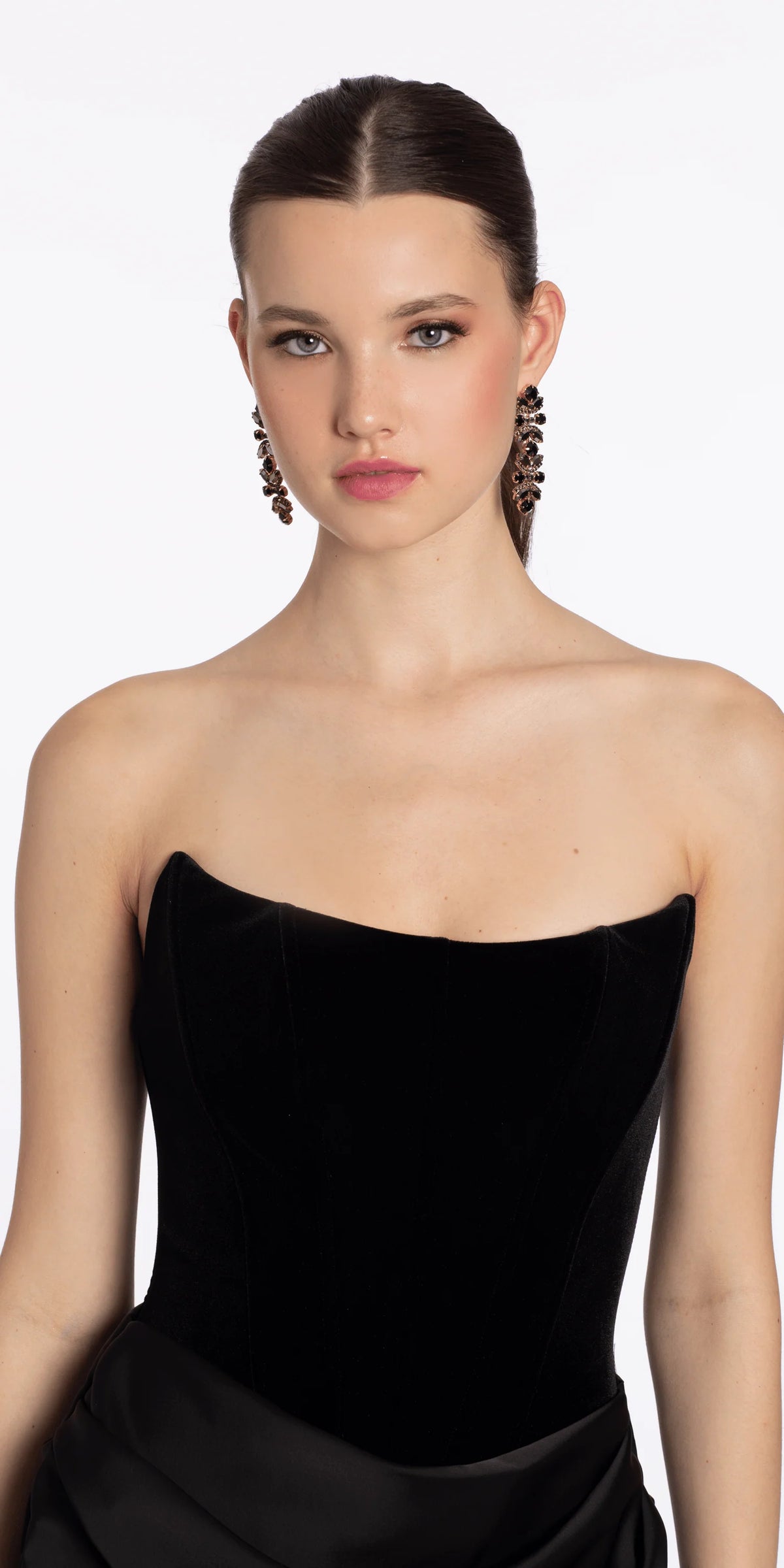 Strapless Velvet Corset Satin Column Dress with Ruching