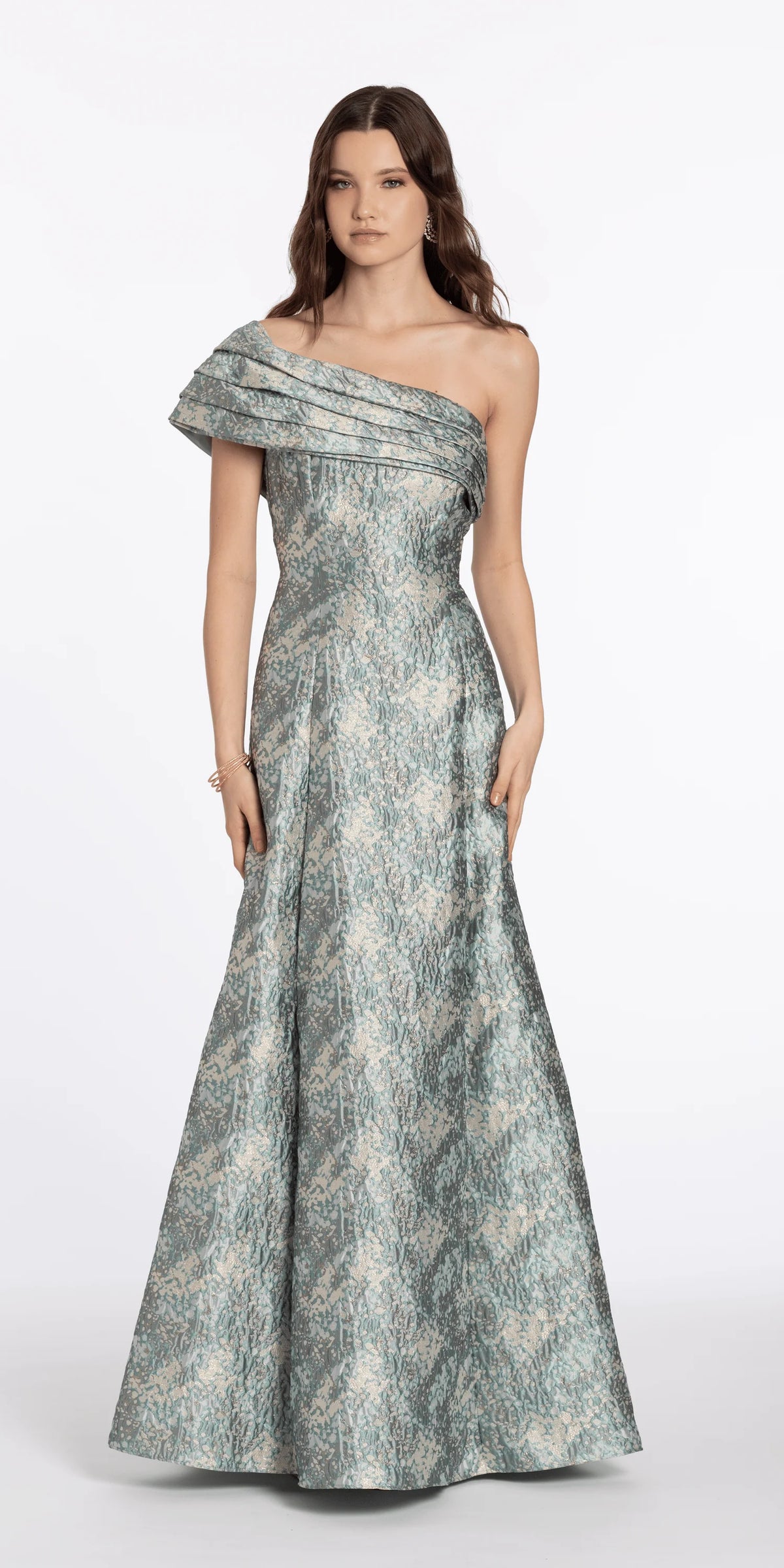 Pleated One Shoulder Floral Brocade A Line Dress