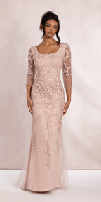 3 4 Sleeve Mesh Embroidered Column Dress with Heat Set Beads