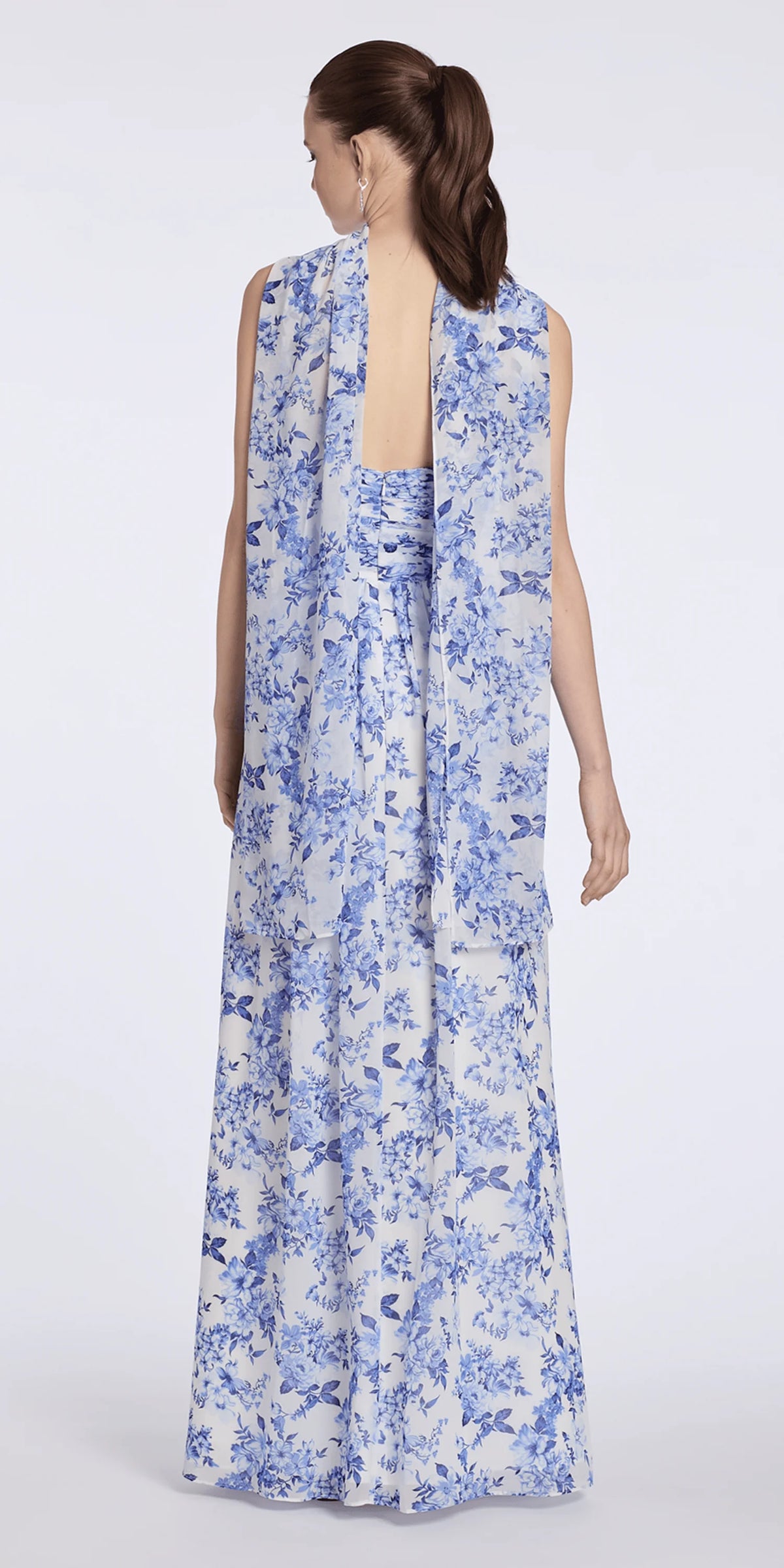 Floral Print Strapless Chiffon Pleated Column Dress with Scarf