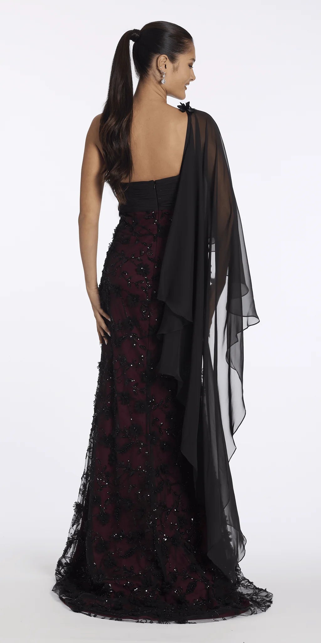 Two Tone Mesh 3 D One Shoulder Column Dress with Cascade