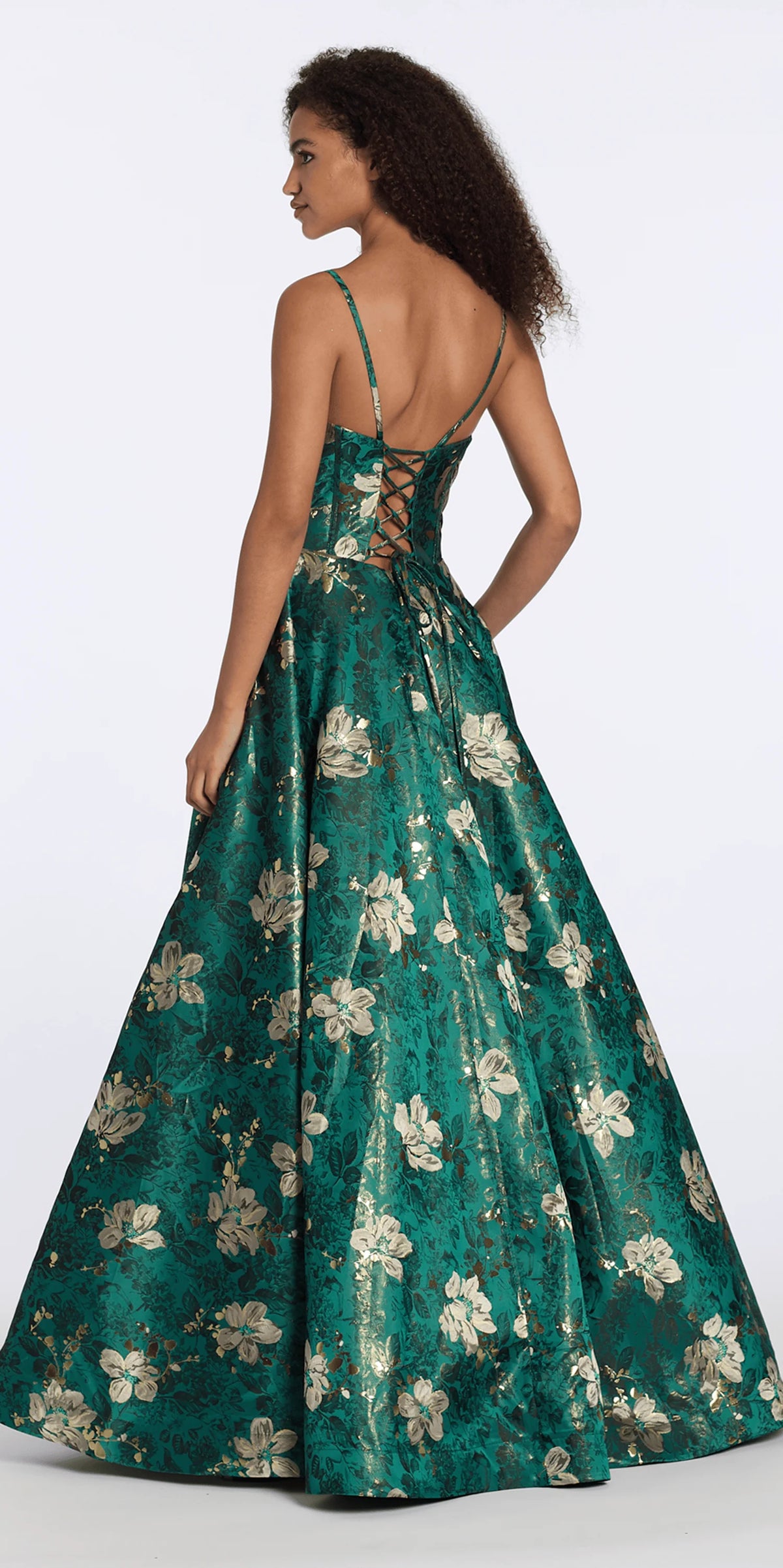 Floral Jacquard Plunge A Line Dress with Pockets